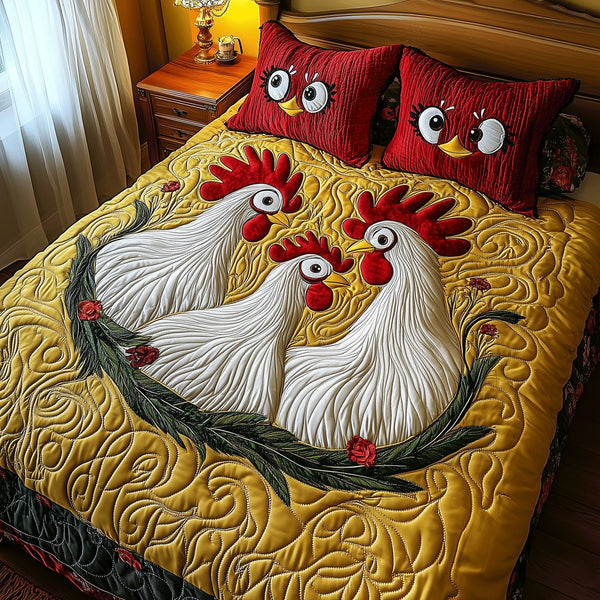 Playful Chicken Haven quilted 3-piece bedding set on a made bed with two matching pillow shams