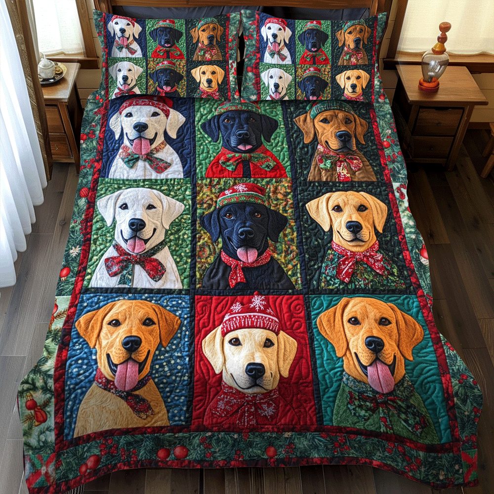 Playful Christmas Labrador quilted 3-piece bedding set on a made bed in a winter-styled bedroom