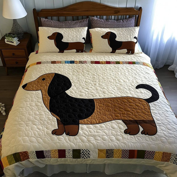Playful Dachshund quilted 3-piece bedding set on a made bed with two matching pillow shams
