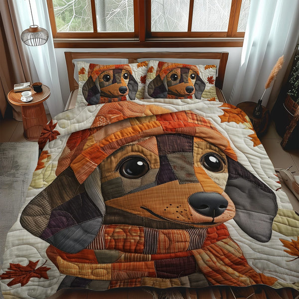Playful Dachshunds quilted 3-piece bedding set on a made bed with two matching pillow shams