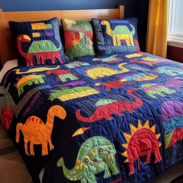 Playful Dinosaurs quilted 3-piece bedding set on a made bed with two matching pillow shams