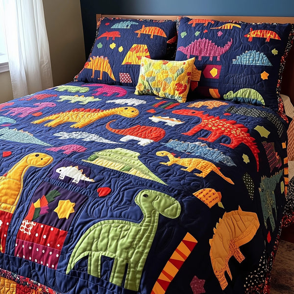 Playful Dinosaurs quilted 3-piece bedding set on a made bed with two matching pillow shams