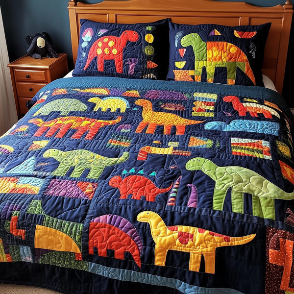 Playful Dinosaurs quilted 3-piece bedding set on a made bed with two matching pillow shams