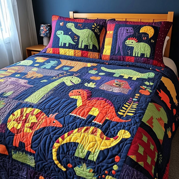 Playful Dinosaurs quilted 3-piece bedding set on a made bed with two matching pillow shams