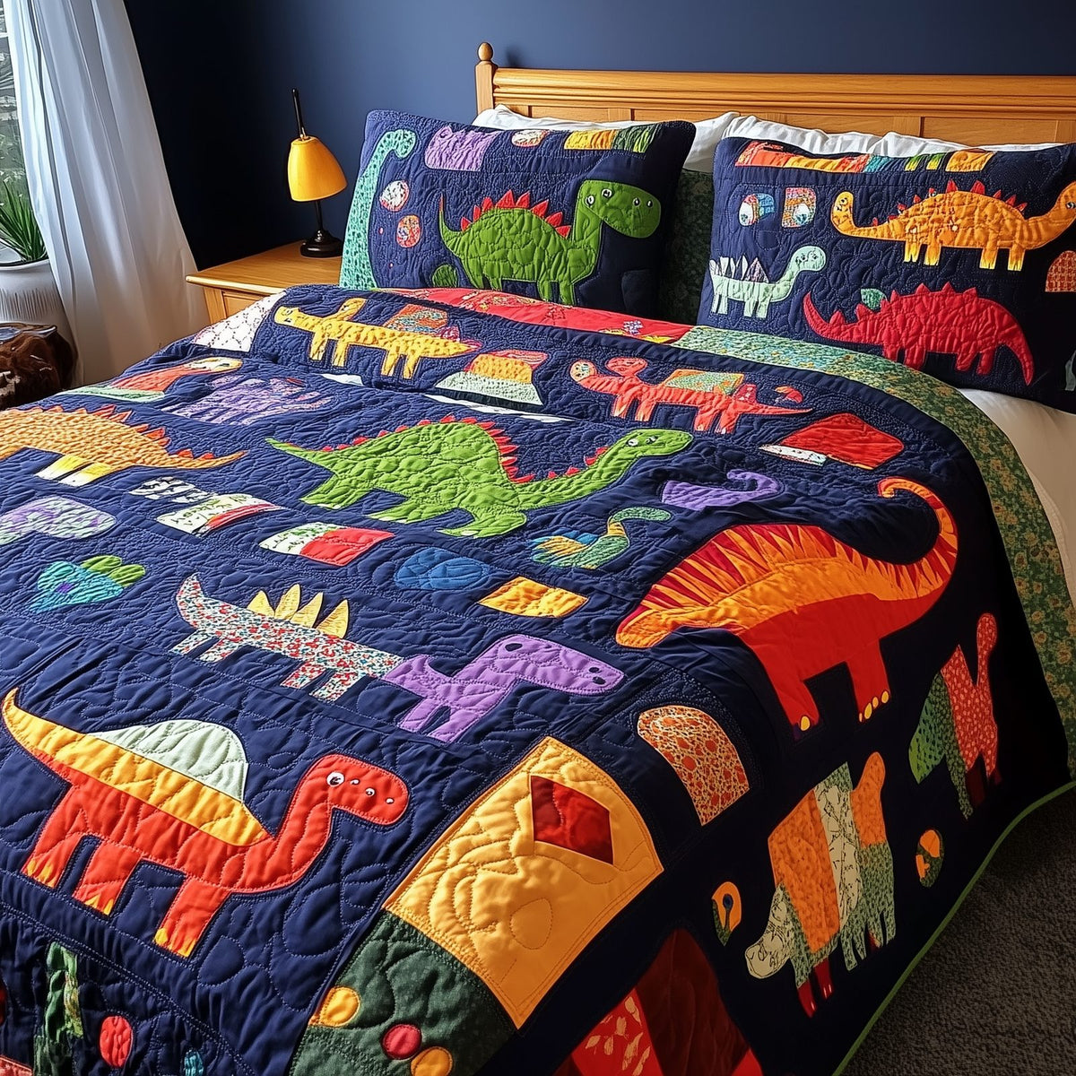 Playful Dinosaurs quilted 3-piece bedding set on a made bed with two matching pillow shams