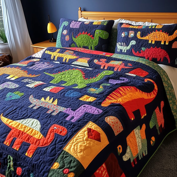 Playful Dinosaurs quilted 3-piece bedding set on a made bed with two matching pillow shams