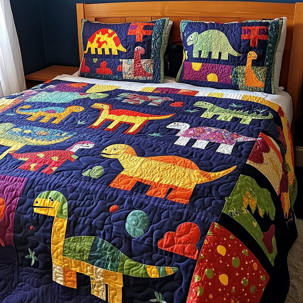 Playful Dinosaurs quilted 3-piece bedding set on a made bed with two matching pillow shams