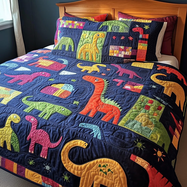 Playful Dinosaurs quilted 3-piece bedding set on a made bed with two matching pillow shams