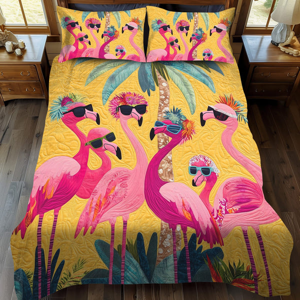 Playful Flamingo quilted 3-piece bedding set on a made bed with two matching pillow shams