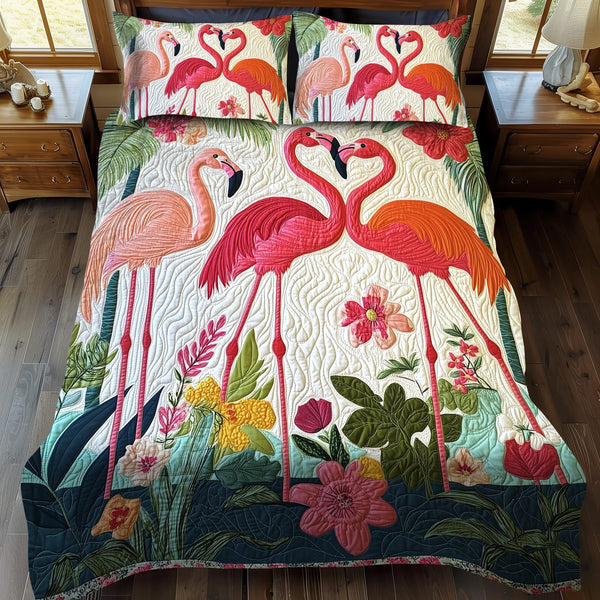 Playful Flamingo quilted 3-piece bedding set on a made bed with two matching pillow shams