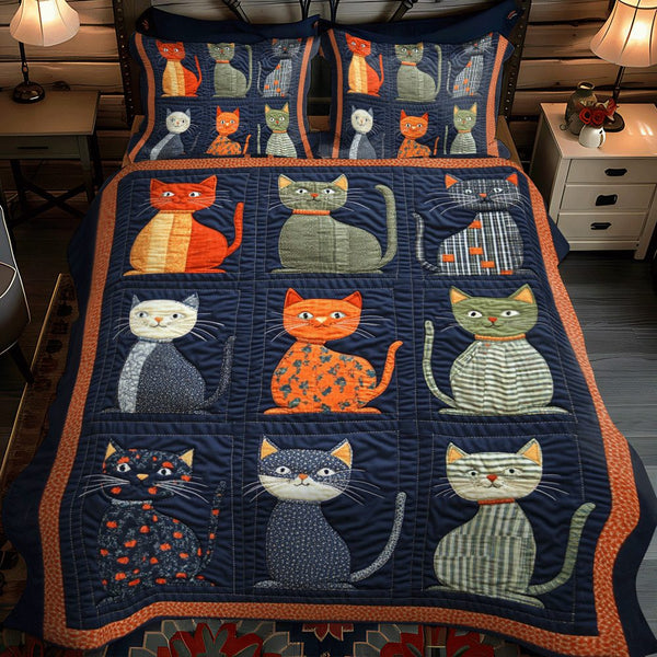 Playful Floral Cats quilted 3-piece bedding set on a made bed with two matching pillow shams