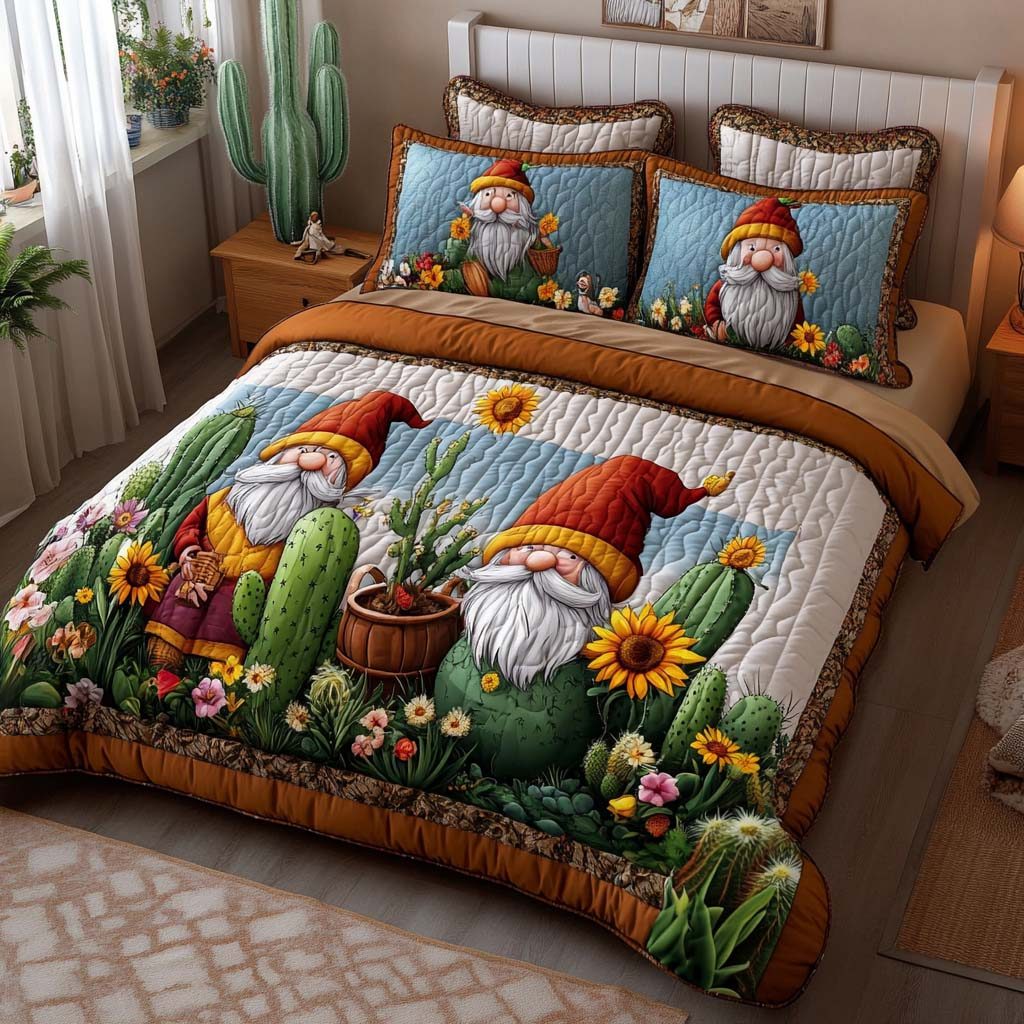 Playful Gnome Life quilted 3-piece bedding set on a made bed in a winter-styled bedroom