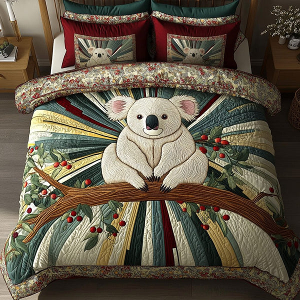 Playful Koala quilted 3-piece bedding set on a made bed with two matching pillow shams