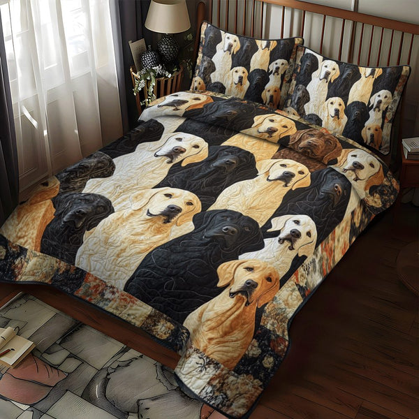 Playful Labrador quilted 3-piece bedding set on a made bed with two matching pillow shams