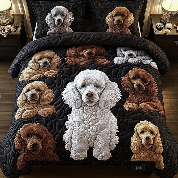 Playful Poodle quilted 3-piece bedding set on a made bed with two matching pillow shams