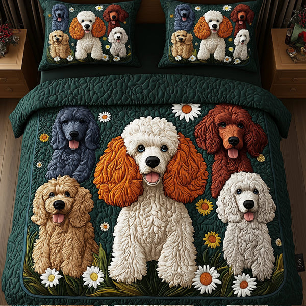 Playful Poodle quilted 3-piece bedding set on a made bed with two matching pillow shams