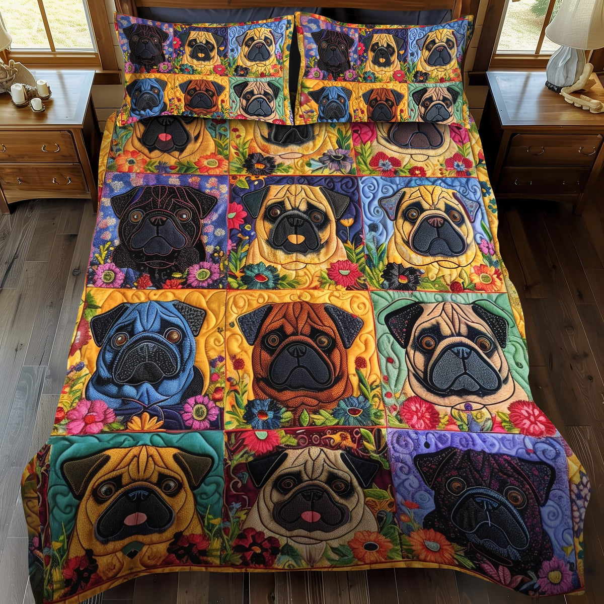 Playful Pugs quilted 3-piece bedding set on a made bed with two matching pillow shams