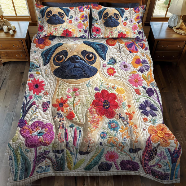 Playful Pugs quilted 3-piece bedding set on a made bed with two matching pillow shams