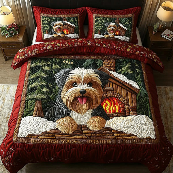 Playful Pup quilted 3-piece bedding set on a made bed with two matching pillow shams