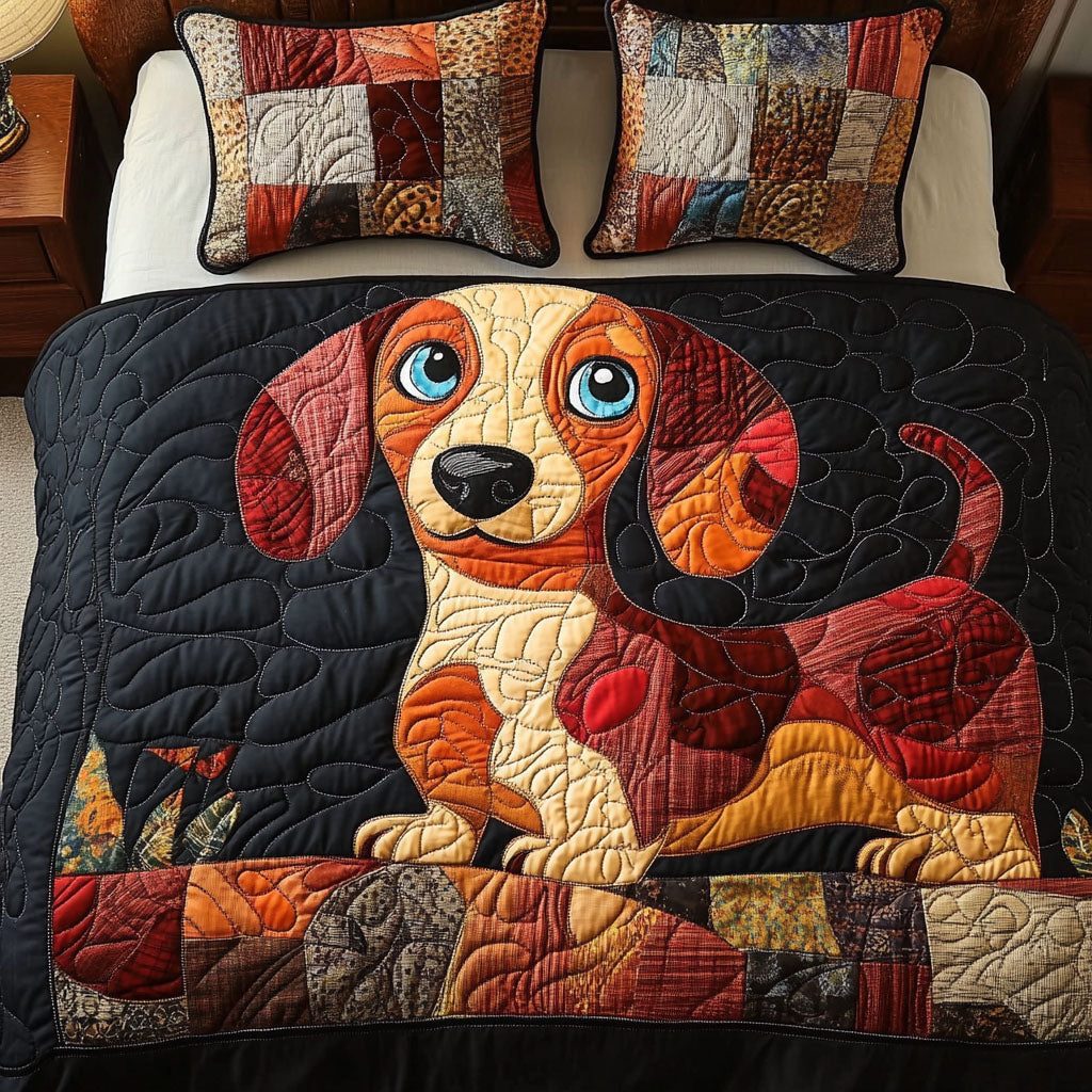 Playful Spirit quilted 3-piece bedding set on a made bed with two matching pillow shams