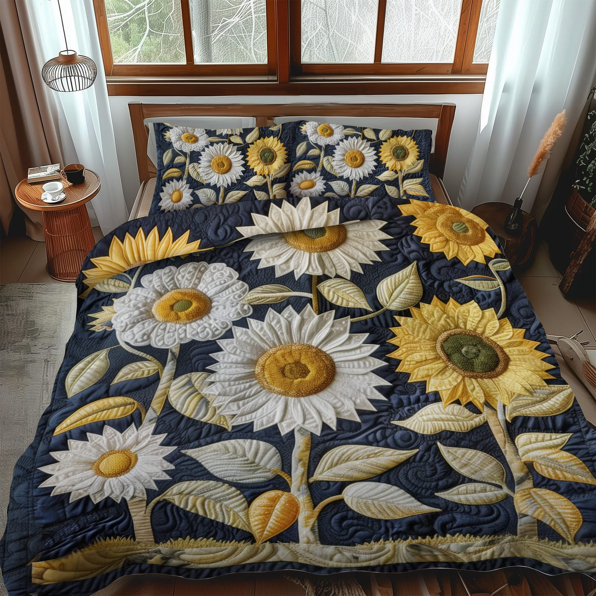 Playful Sunflowers quilted 3-piece bedding set on a made bed with two matching pillow shams