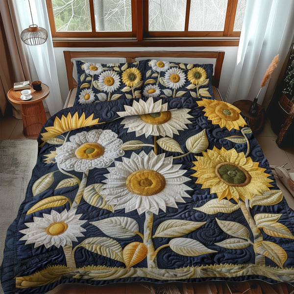 Playful Sunflowers quilted 3-piece bedding set on a made bed with two matching pillow shams