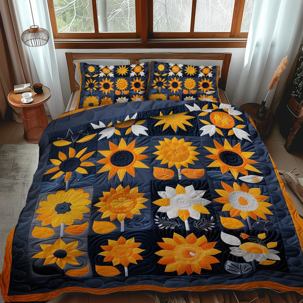 Playful Sunflowers quilted 3-piece bedding set on a made bed with two matching pillow shams