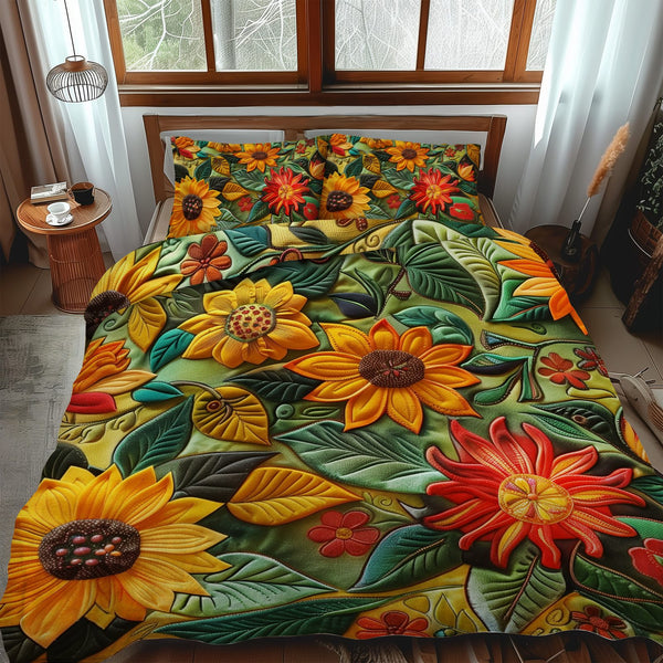 Playful Sunflowers quilted 3-piece bedding set on a made bed with two matching pillow shams