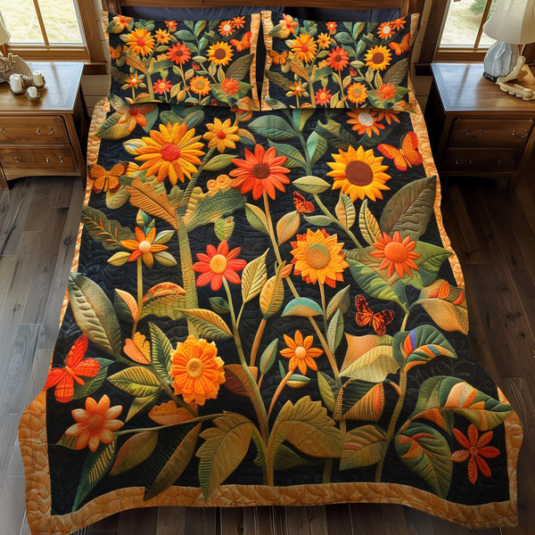 Playful Sunflowers quilted 3-piece bedding set on a made bed with two matching pillow shams
