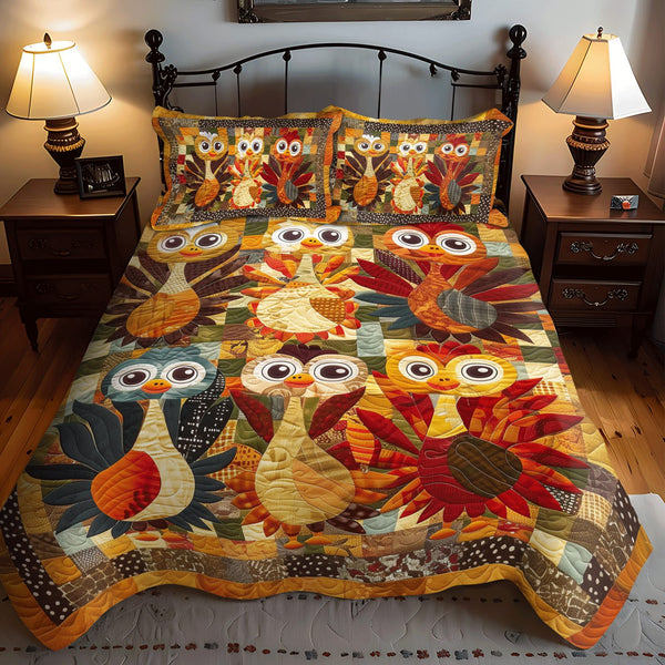 Playful Turkeys quilted 3-piece bedding set on a made bed with two matching pillow shams