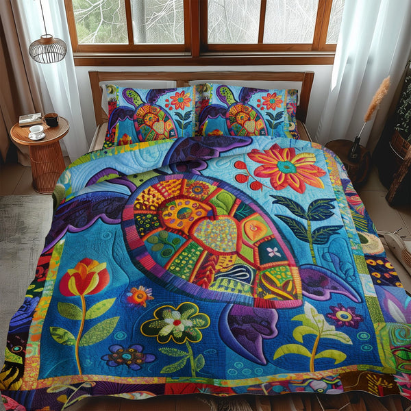 Playful Turtles quilted 3-piece bedding set on a made bed in a light coastal bedroom