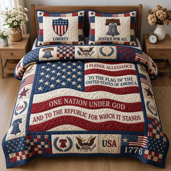 Pledge Of Allegiance quilted 3-piece bedding set on a made bed with two matching pillow shams