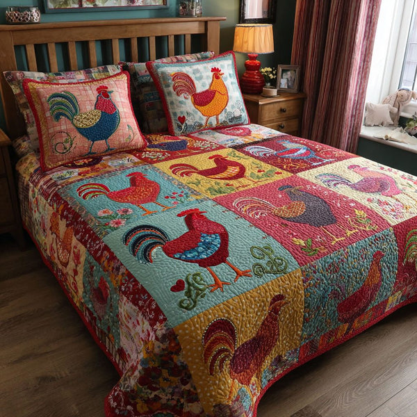 Plucky Patterns quilted 3-piece bedding set on a made bed with two matching pillow shams