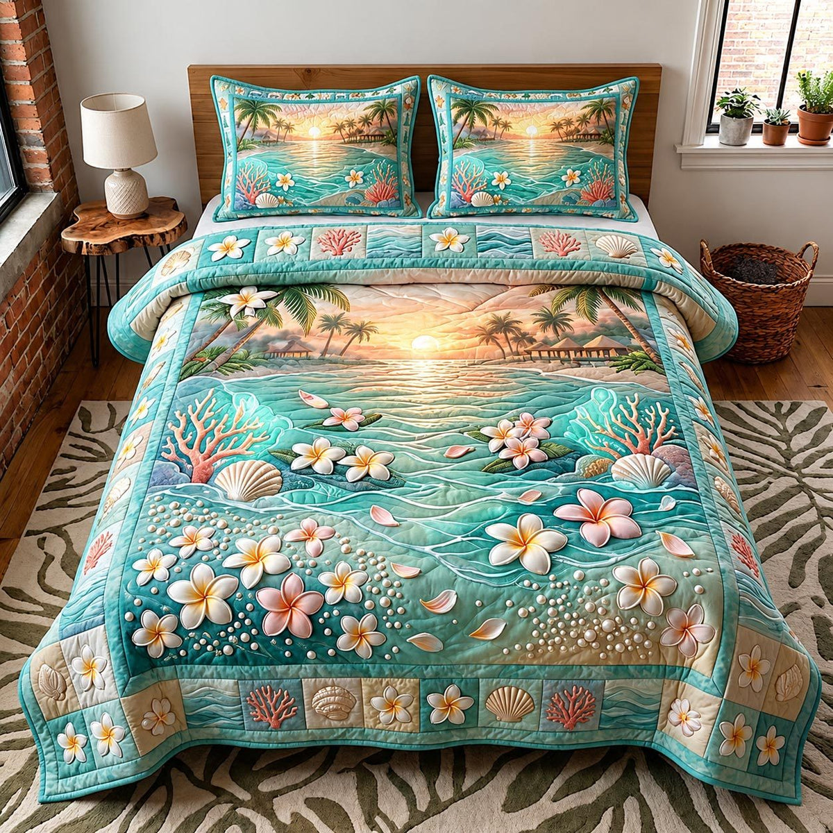 Plumeria Breeze quilted 3-piece bedding set on a made bed with two matching pillow shams