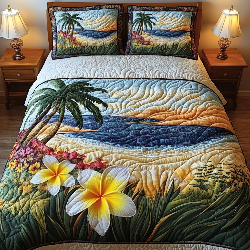 Plumeria Whisper quilted 3-piece bedding set on a made bed with two matching pillow shams