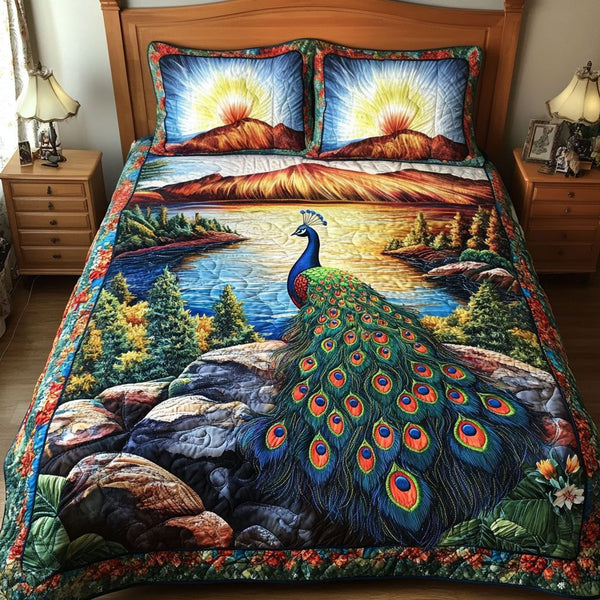 Plumes in the Breeze quilted 3-piece bedding set on a made bed with two matching pillow shams
