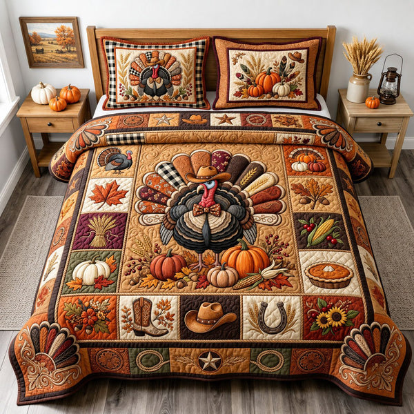 PND22, Quilted Bedding Set, Nocustom, Hobby, Holiday, Thanksgiving, Happy Thanksgiving, Give Thanks, Grateful, Thankful, Blessed, Fall, Harv quilted 3-piece bedding set on a made bed in a winter-styled bedroom