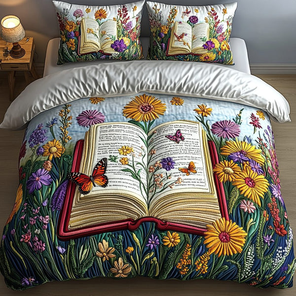 Poetic Meadow quilted 3-piece bedding set on a made bed with two matching pillow shams