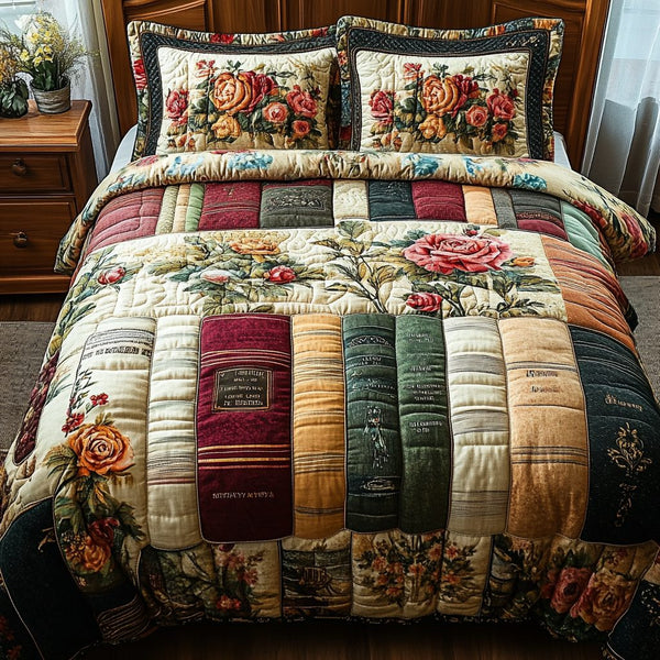 Poetic Petals quilted 3-piece bedding set on a made bed with two matching pillow shams