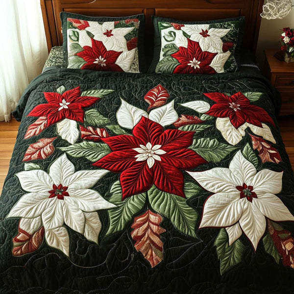 Poinsettia Bliss quilted 3-piece bedding set on a made bed in a winter-styled bedroom