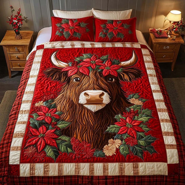 Poinsettia Bliss quilted 3-piece bedding set on a made bed in a winter-styled bedroom
