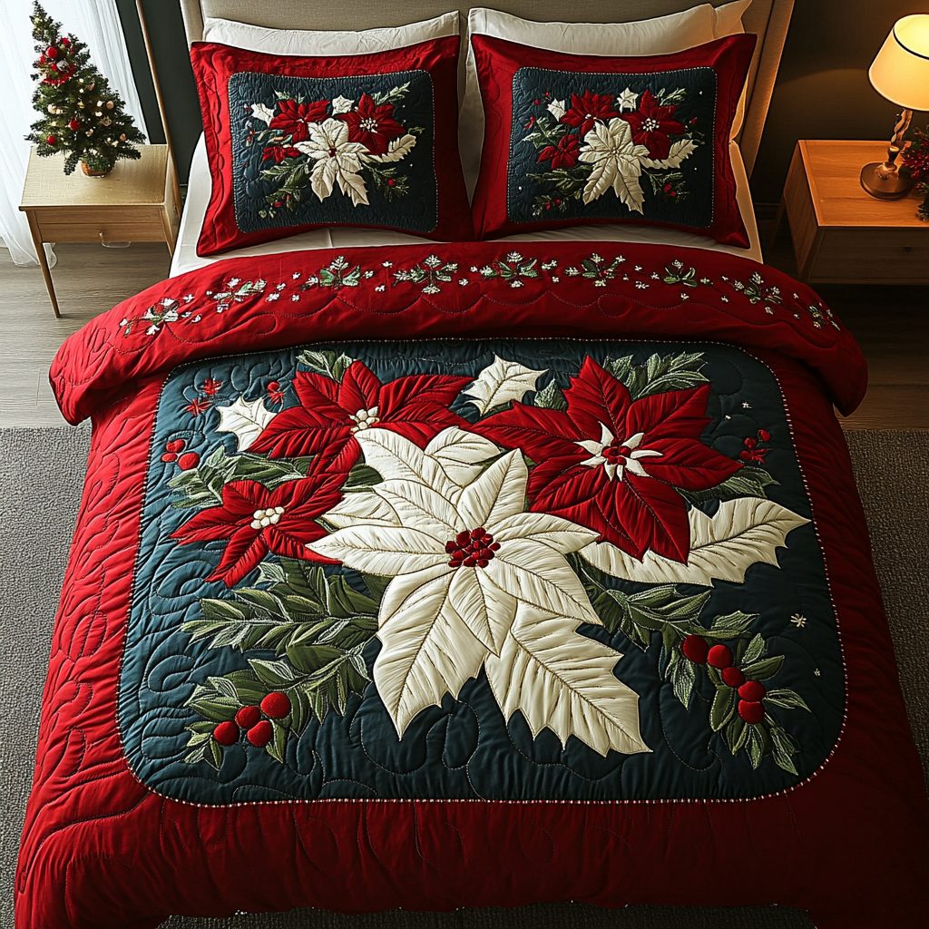 Poinsettia Bloom quilted 3-piece bedding set on a made bed in a winter-styled bedroom