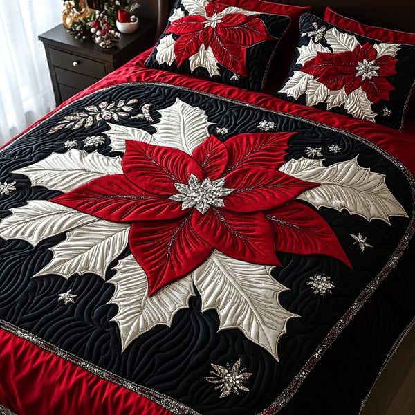 Poinsettia Charm quilted 3-piece bedding set on a made bed in a winter-styled bedroom