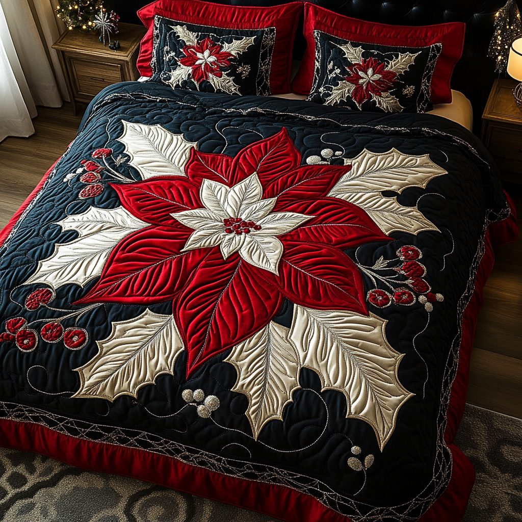 Poinsettia Dream quilted 3-piece bedding set on a made bed in a winter-styled bedroom