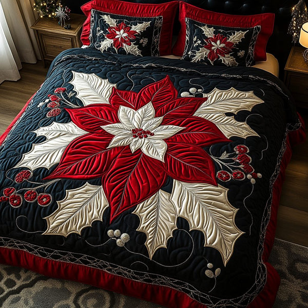 Poinsettia Dream quilted 3-piece bedding set on a made bed in a winter-styled bedroom