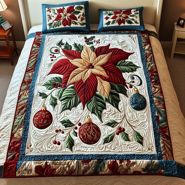 Poinsettia Dreams quilted 3-piece bedding set on a made bed in a winter-styled bedroom