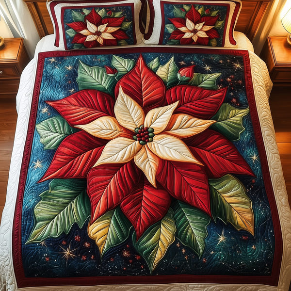 Poinsettia Dreams quilted 3-piece bedding set on a made bed in a winter-styled bedroom