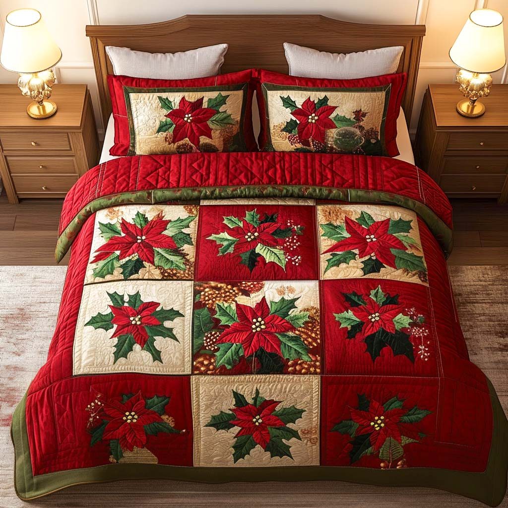 Poinsettia Elegance quilted 3-piece bedding set on a made bed in a winter-styled bedroom