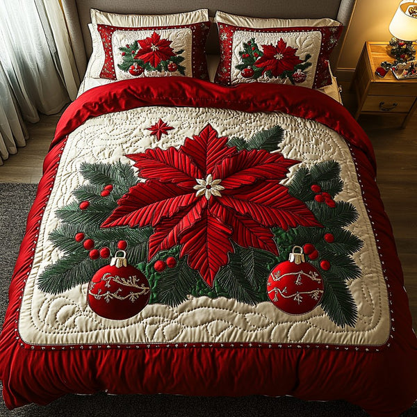 Poinsettia Glow quilted 3-piece bedding set on a made bed in a winter-styled bedroom