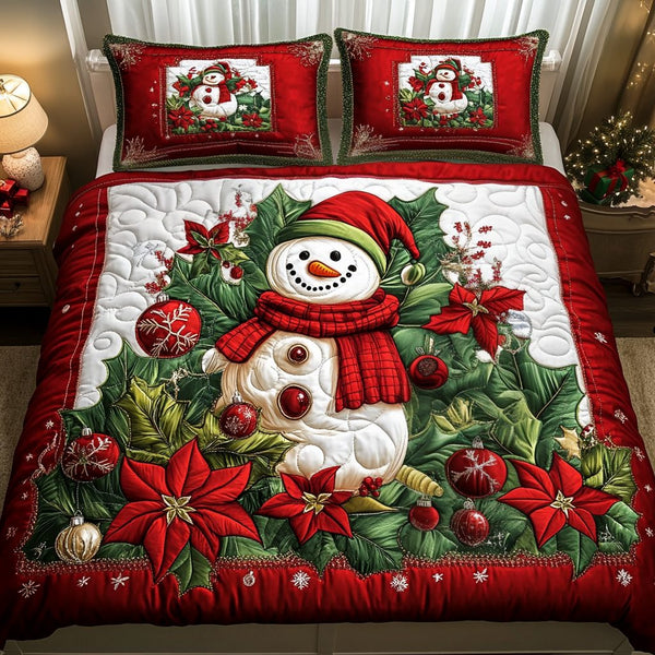 Poinsettia Glow quilted 3-piece bedding set on a made bed in a winter-styled bedroom